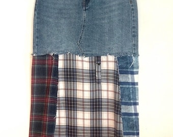 Upcycled denim and plaid pieced tattered and frayed boho skirt