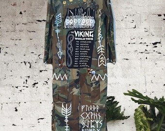 Ucycled Nordic Viking hand painted with arrows and the runic alphabet army jacket camouflage duster