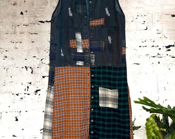 Upcycled fringe back patched distressed denim vest and mixed flannel duster