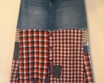 Upcycled patched patchwork denim and plaid button down shirt skirt