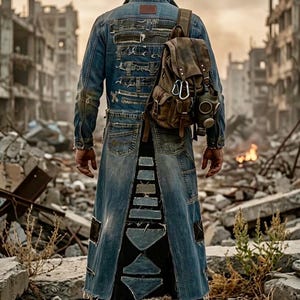 May include: A long blue denim coat featuring distressed patches and frayed edges, worn with a brown canvas backpack. The backpack has multiple pockets, a silver carabiner, and a gas mask attached to the side. The outfit includes sturdy boots.