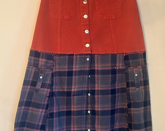 Upcycled coral denim and plaid button shirt skirt
