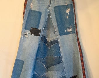 Upcycled free people plaid patched and studded denim jean skirt