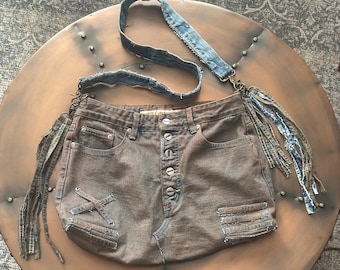 Upcycled patched vintage Z Cavaricci denim iean crossbody messenger bag purse