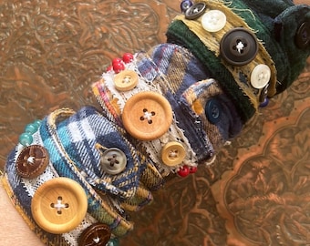 Handmade upcycled tattered lace button & bead stackable flannel fabric wrap cuff bracelets