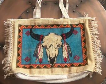 Upcycled southwest style gecko steer skull boho fringe canvas market tote bag