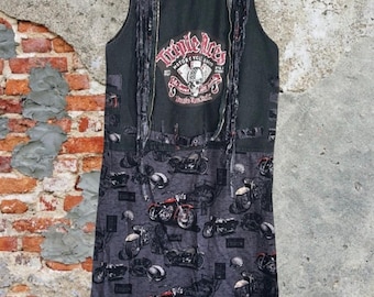 Upcycled cafe racer motorcycle biker lucky brand patched fringe back denim duster vest