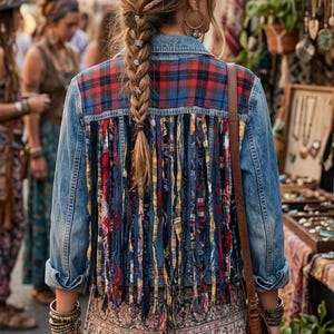 May include: A blue denim jacket featuring a red and blue plaid upper back panel and a lower back section adorned with long, hanging fabric strips in various colors and patterns, including red, yellow, blue, and black, worn over a floral skirt.