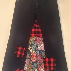 Upcycled black denim floral and plaid Levi's maxi skirt
