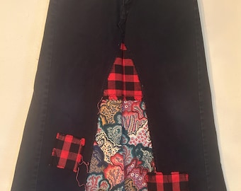 Upcycled black denim floral and plaid Levi's maxi skirt