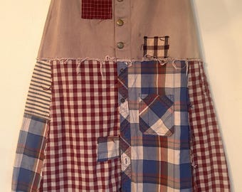 Upcycled patched American apparel denim and plaid button down shirt skirt