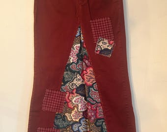 Upcycled seven 7 rust colored floral and plaid patched maxi skirt
