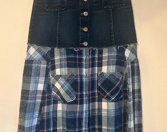 Upcycled dark denim and plaid button down shirt skirt