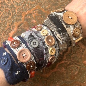 Handmade upcycled tattered lace button & bead stackable flannel fabric wrap cuff bracelets