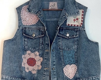Upcycled doily patched boho stone washed denim jean vest