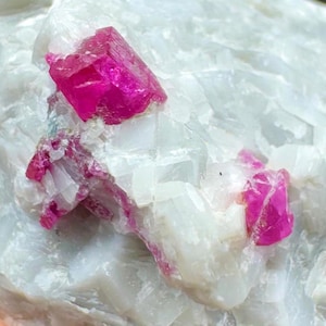 Può includere: Primo piano di una roccia bianca con diversi cristalli di rubino rosa brillante incastonati.