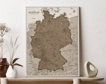 Alemania Mapa lienzo beige de una sola pieza y listo enmarcado 110 x 80 cm o 70 x 50 cm tablón de anuncios, Push Pin Mapa alemán, PinBoard