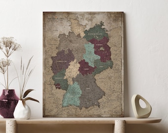Mapa de Alemania Impresión en lienzo de una sola pieza y listo para enmarcar 110 x 80 cm o 70 x 50 cm Pinboard, Push Pin Mapa alemán, PinBoard Mapa de viaje