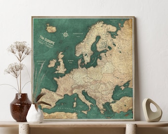 Detailed map of Europe - Pinboard Personalized Push Pin Map - Gift For Traveler - Canvas Print - Canvascale - Travel Trip plan - Green