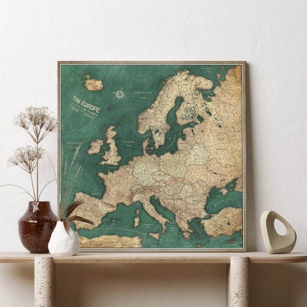Detailed map of Europe - Pinboard Personalized Push Pin Map - Gift For Traveler - Canvas Print - Canvascale - Travel Trip plan - Green