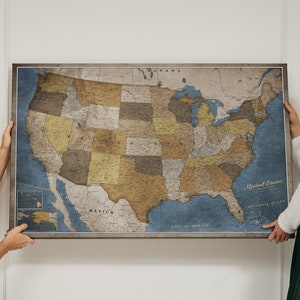 Mapa de viaje personalizado de Estados Unidos, mapa de pines, mapa de corcho de Estados Unidos, lienzo de estilo antiguo | Escamas de lienzo 120x80cm 90x60cm 70x50cm
