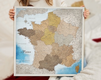 Carte de France personnalisée en français - Panneau de liège - Impression sur toile - Carte push pin personnalisée de France - Pour les voyageurs