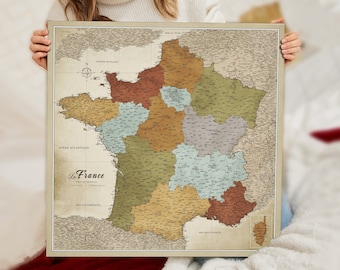 Carte de France personnalisée en français - Panneau de liège - Impression sur toile - Carte push pin personnalisée de France - Pour les voyageurs