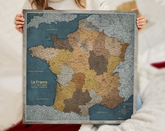 Carte de France personnalisée en français - Panneau de liège - Impression sur toile - Carte push pin personnalisée de France - Pour les voyageurs
