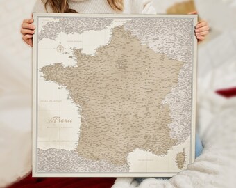 Carte de France personnalisée en français - Panneau de liège - Impression sur toile - Carte push pin personnalisée de France - Pour les voyageurs