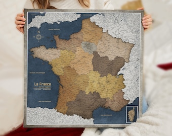 Carte de France personnalisée en français - Panneau de liège - Impression sur toile - Carte push pin personnalisée de France - Pour les voyageurs