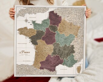 Carte de France personnalisée en français - Panneau de liège - Impression sur toile - Carte push pin personnalisée de France - Pour les voyageurs