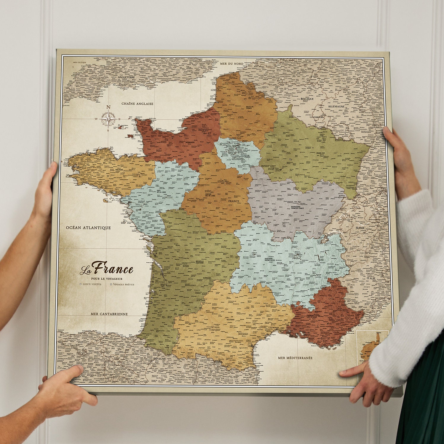 Carte de France sur toile avec tableau d'affichage en liège pour épingler  les destinations - Tableaux de toile de carte de France de haute qualité de  différentes tailles (90x90 cm, model 2) 
