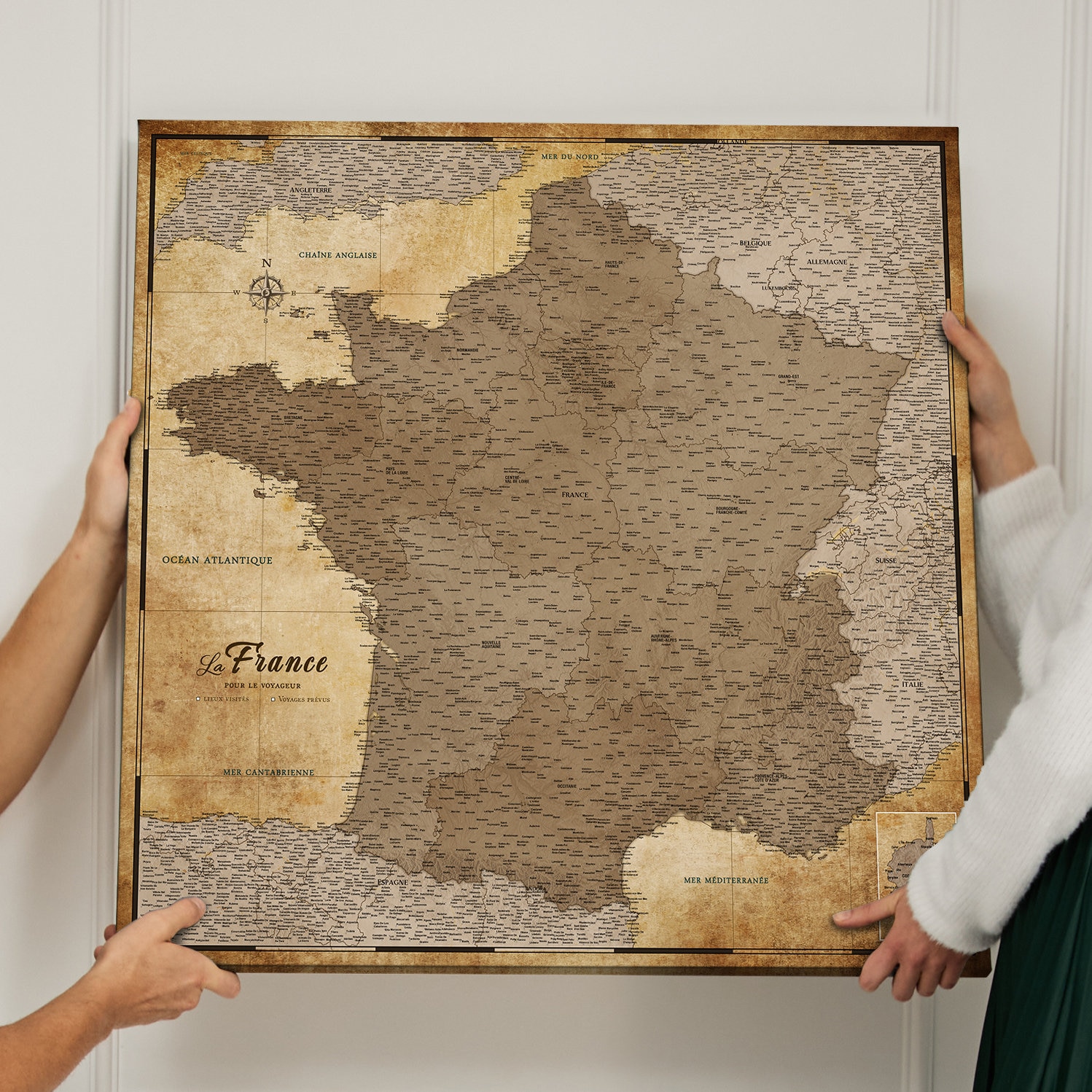 Carte de France sur toile avec tableau d'affichage en liège pour épingler  les destinations - Tableaux de toile de carte de France de haute qualité de  différentes tailles (60x60 cm, model 4) 