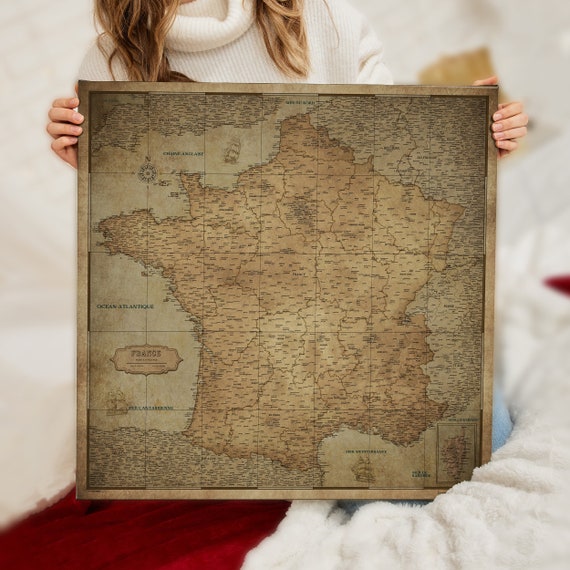 Carte de France sur toile avec tableau d'affichage en liège pour épingler  les destinations - Tableaux