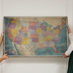Mapa de viaje personalizado de Estados Unidos, mapa de pines, mapa de corcho de Estados Unidos, lienzo de estilo antiguo | Escamas de lienzo 120x80cm 90x60cm 70x50cm