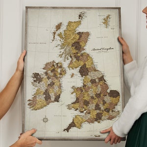 Mappa personalizzata con puntine da disegno Regno Unito e Irlanda vecchio stile - Viaggio di viaggio nel Regno Unito - Mappa bacheca - Stampa su tela - Regalo per viaggiatori - Piano di viaggio