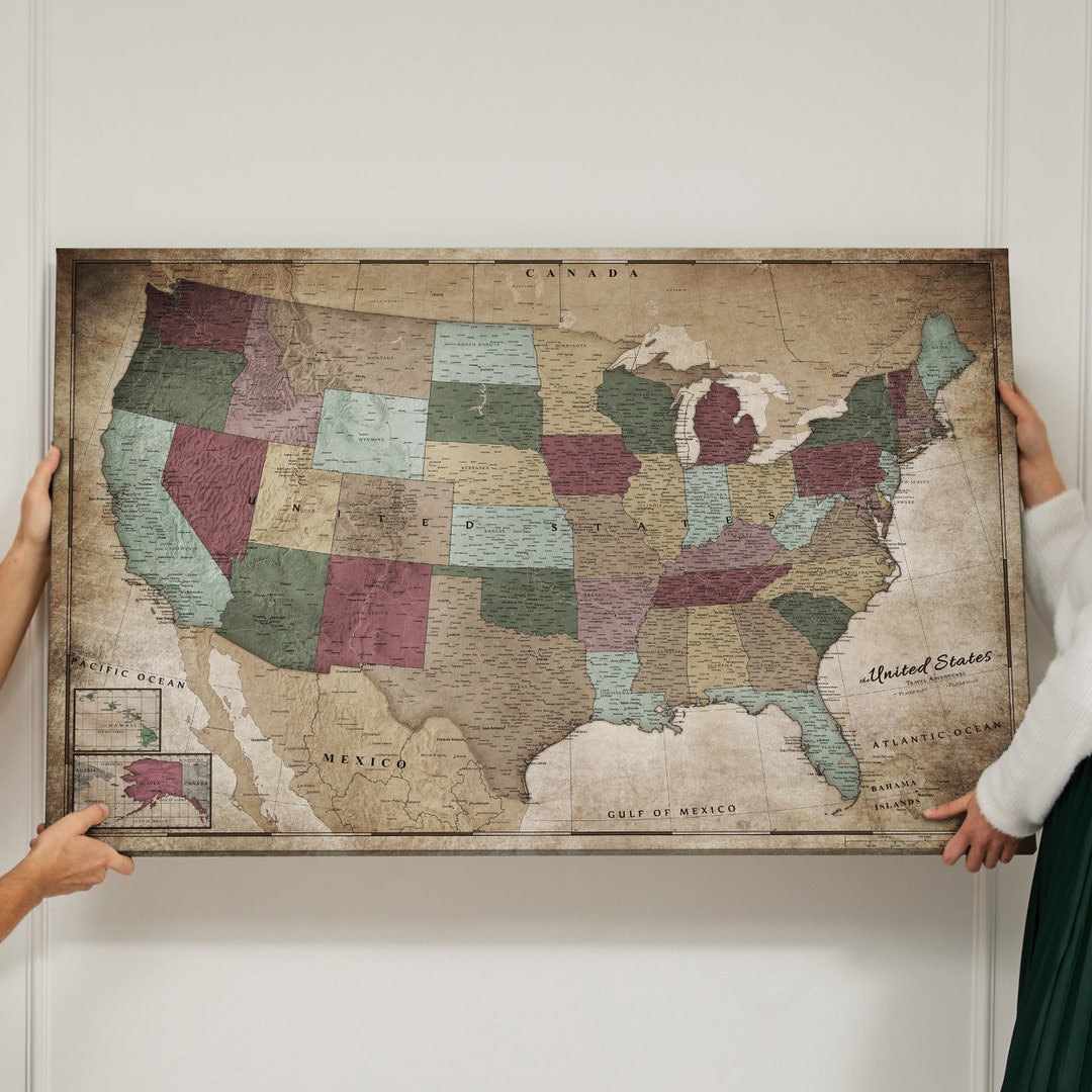 Personalized USA Travel Map Push Pin Map United States Pinboard Cork Map Canvas Old Style