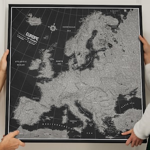 Detailed map of Europe - Pinboard Personalized Push Pin Map - Gift For Traveler - Canvas Print - Canvascale - Travel Trip plan -graphite