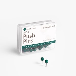 Op de afbeelding: Een rechthoekige opbergdoos van doorzichtig plastic met 100 matgroene punaises, voorzien van de tekst CANVASCALE, Green Matt, x100, Push Pins en de website www.canvascale.com. Twee losse groene punaises liggen aan de voorzijde.