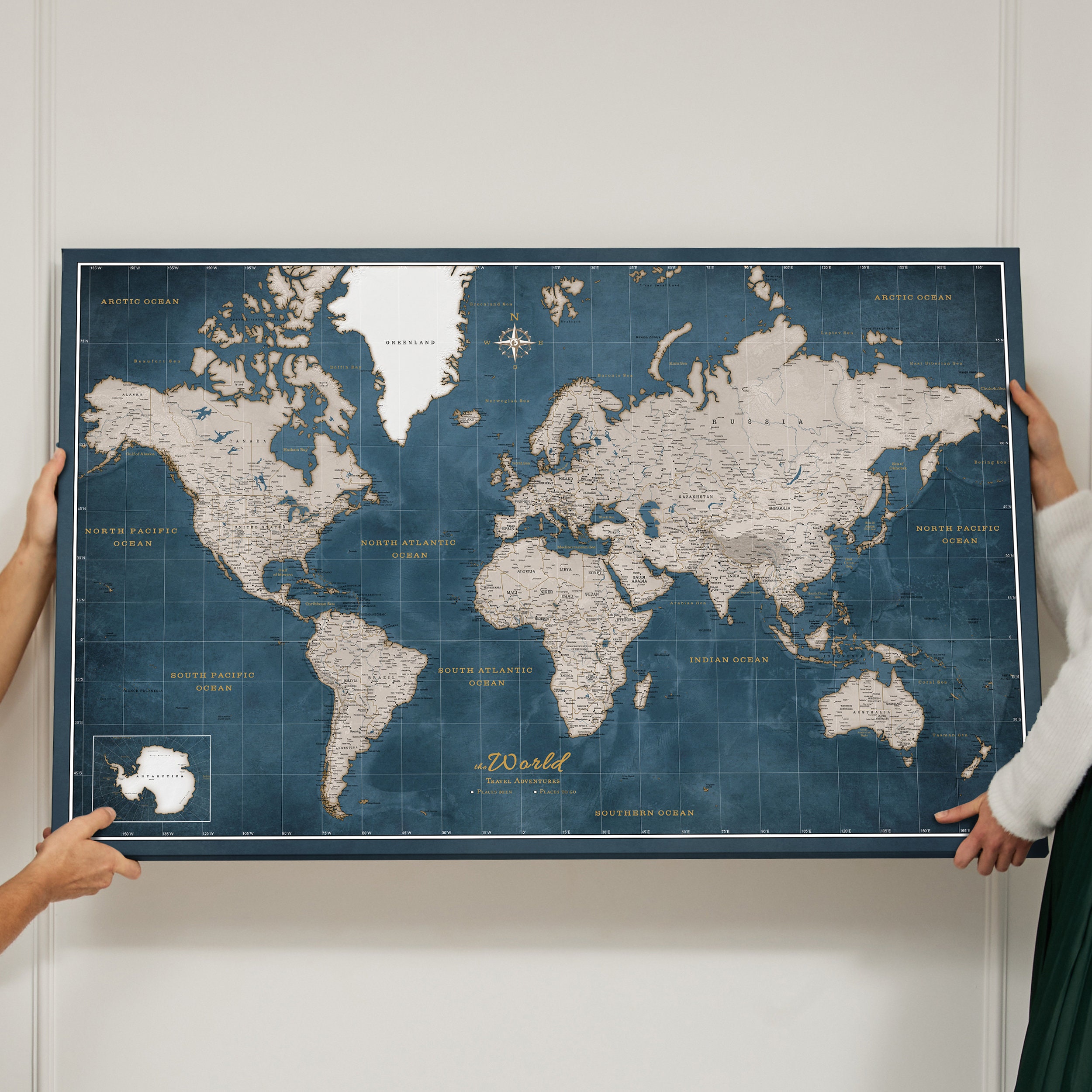 Personalized Push Pin World Travel Map High Detailed Map Canvas Wall Art XL  Places I've Been Map Pinnable World Map Trip Map World 
