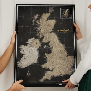Mappa personalizzata con puntine da disegno Regno Unito e Irlanda vecchio stile - Viaggio di viaggio nel Regno Unito - Mappa bacheca - Stampa su tela - Regalo per viaggiatori - Piano di viaggio