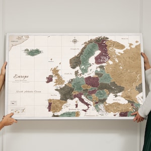 Mapa personalizado de Europa - Pinboard Push Pin Map - Regalo para el viajero - Impresión de lienzo - Canvascale - Plan de viaje - Mapa multicolor crema