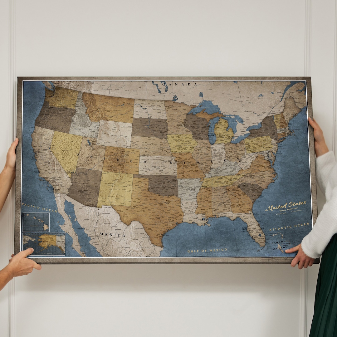 Personalized USA Travel Map Push Pin Map United States Pinboard Cork Map Canvas Old Style