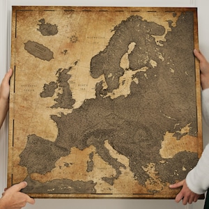 Mappa dettagliata dell'Europa - Mappa pinboard personalizzata con puntine da disegno - Regalo per viaggiatori - Stampa su tela - Canvascale - Piano di viaggio - Retro Marrone