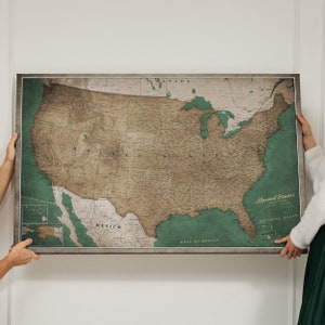 Personalisierte USA Reisekarte Stecknadelkarte USA Pinnwand Korkkarte Leinwand Old Style | Leinwandwaagen 120x80cm 90x60cm 70x50cm