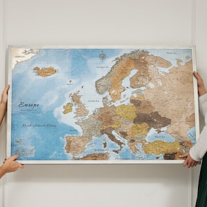 Gepersonaliseerde Europa Kaart - Pinboard Push Pin Kaart - Cadeau voor reiziger - Canvas Print - Canvascale - Reisplan - Vintage Blauw en Bruin