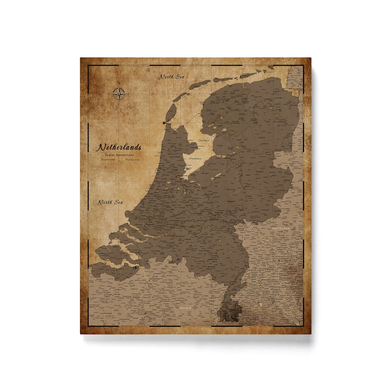 May include: A vintage-style map of the Netherlands with a brown background and white text. The map shows the provinces of the Netherlands and the North Sea. The map is titled "Netherlands Travel Adventures".