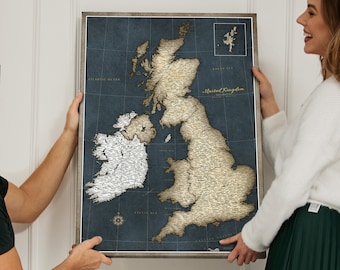 Personlig karta över Storbritannien och Irland i gammal stil - Storbritannien Reseresa - Anslagstavla Karta - Canvastavla - Present till resenär - Reseplan