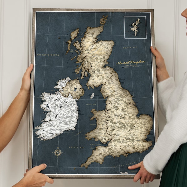 Personalisierte Push-Pin-Karte Großbritannien und Irland im alten Stil – Vereinigtes Königreich Reisereise – Pinnwand-Karte – Leinwanddruck – Geschenk für Reisende – Reiseplan