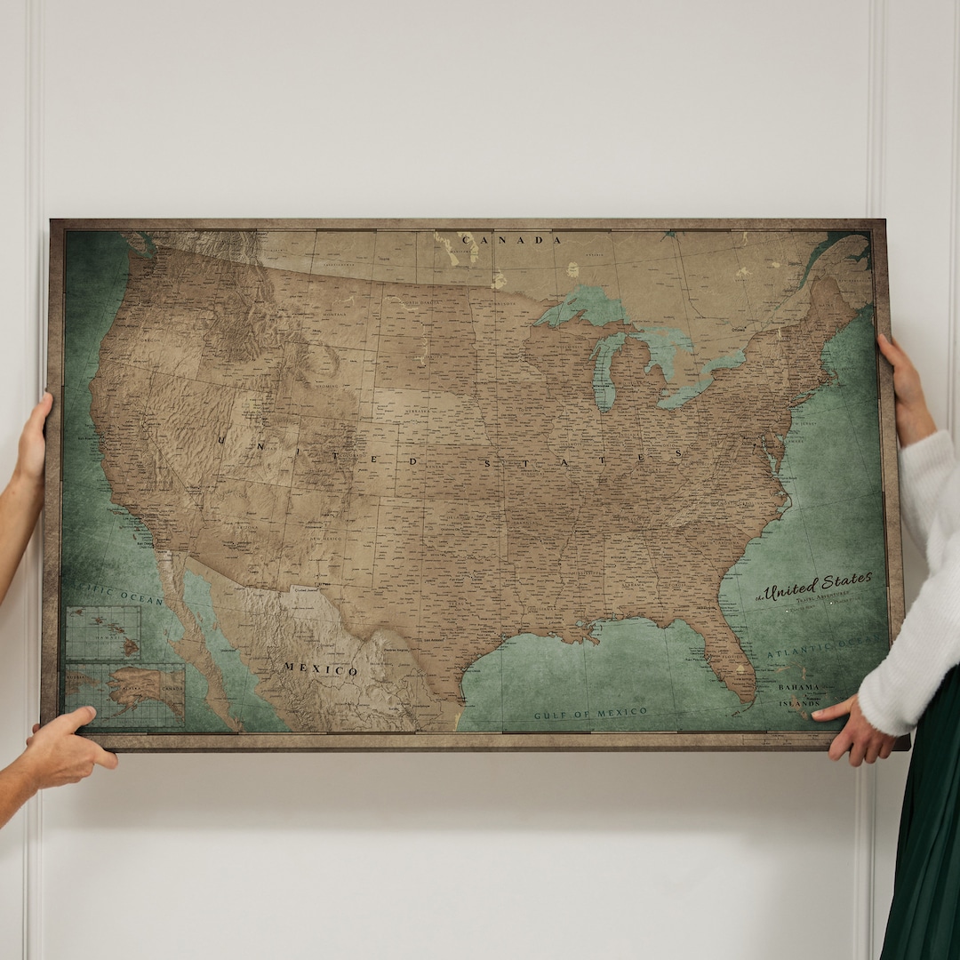 Personalized USA Travel Map Push Pin Map United States Pinboard Cork Map Canvas Old Style